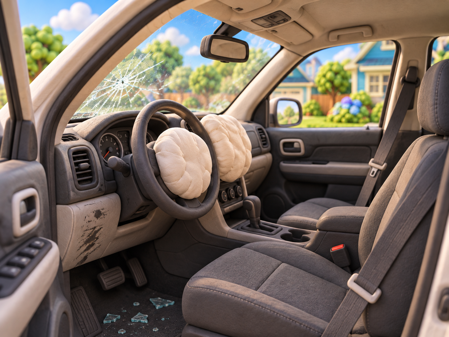 Clay car interior with deployed airbags and a cracked windscreen
