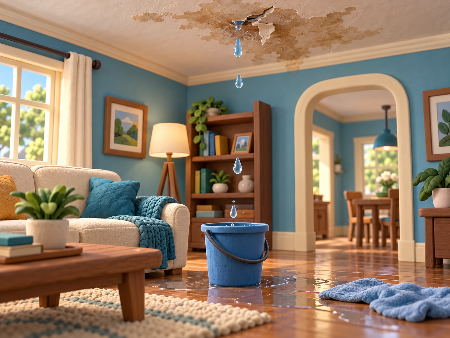 Clay living room with a stained ceiling dripping water into a bucket