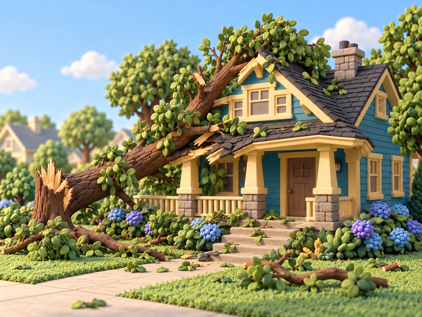 Large clay tree fallen across the roof of a clay house