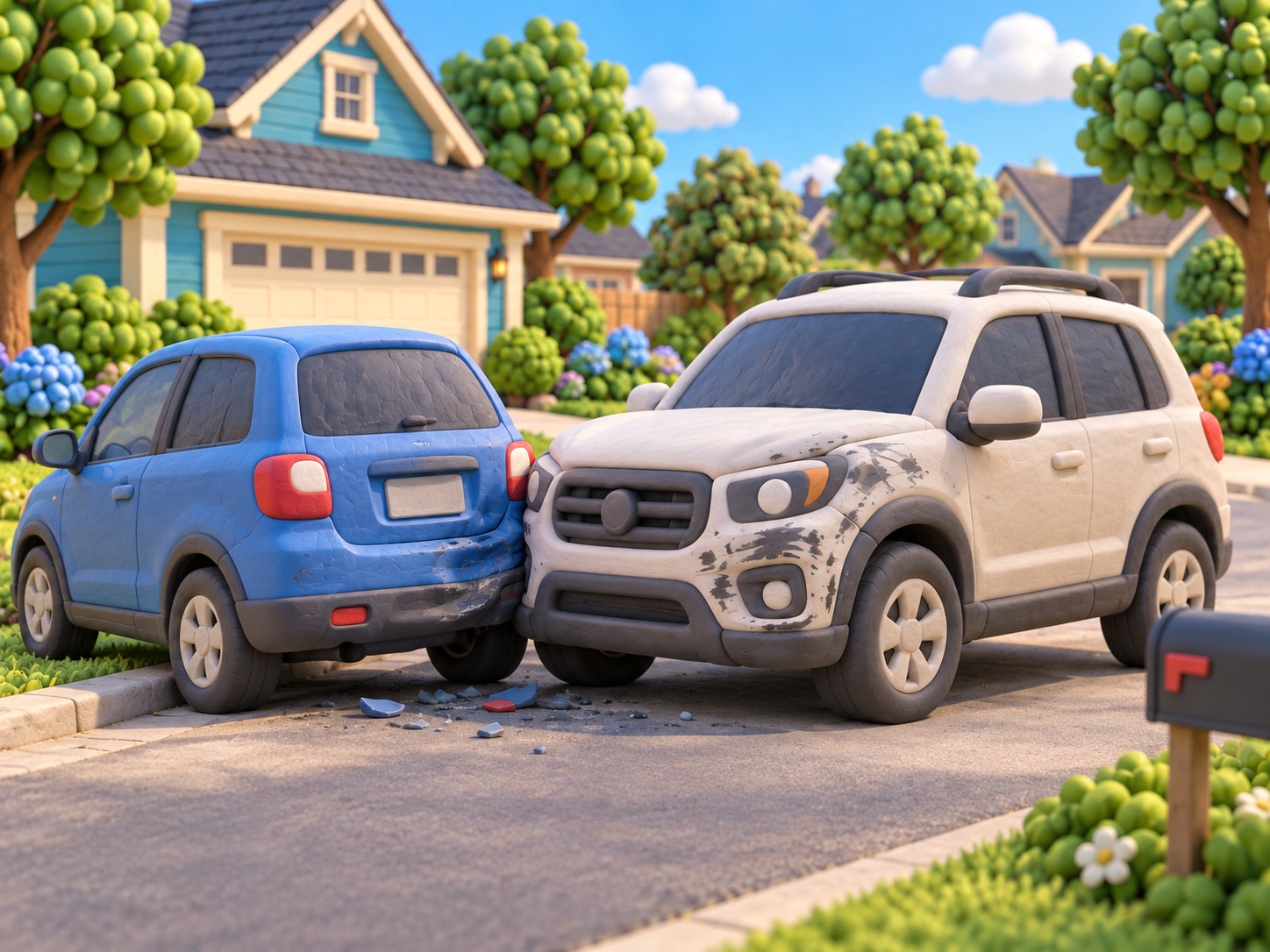 Two clay cars bumper to bumper in a neighbourhood street