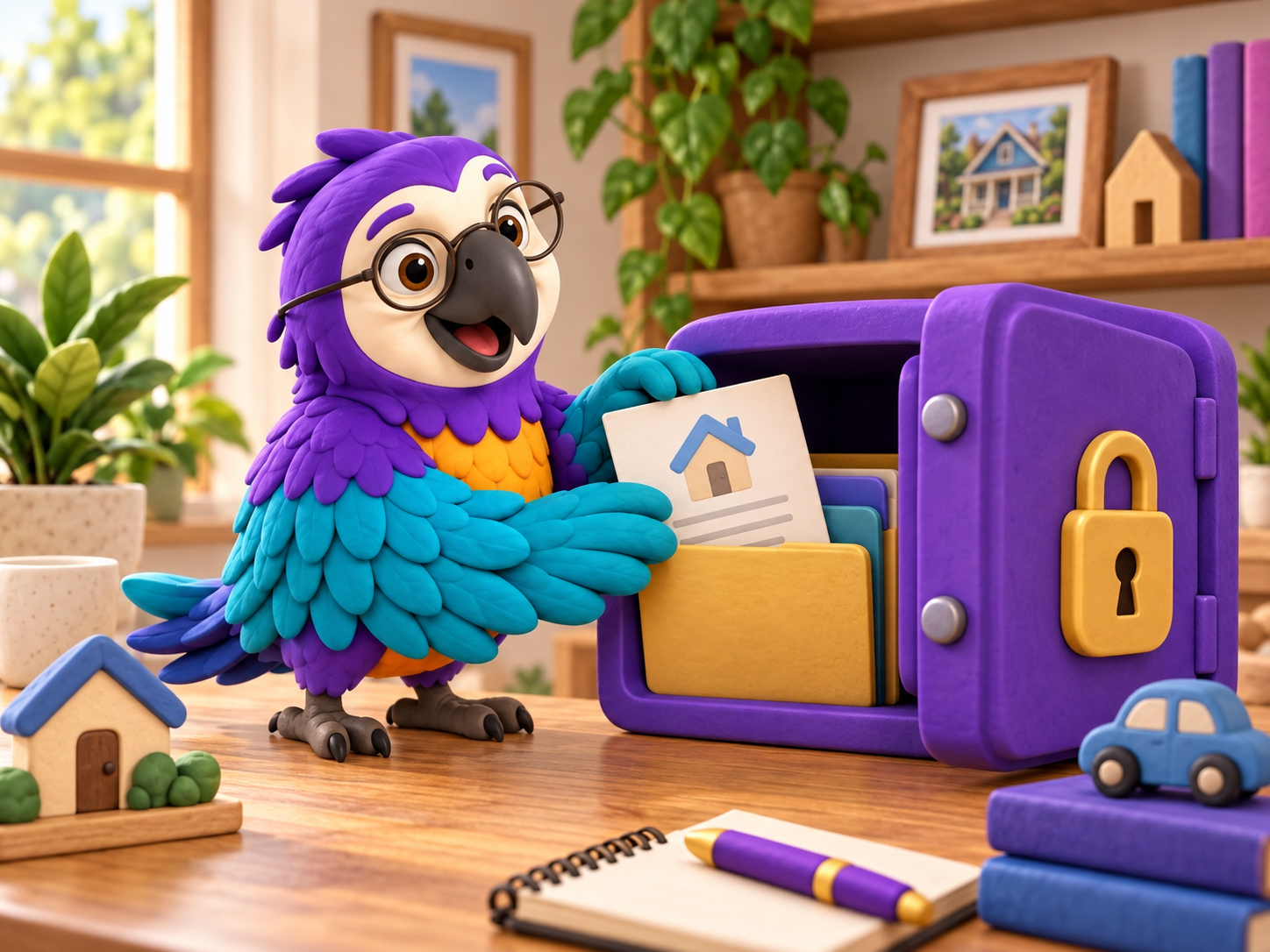 Poli the clay macaw filing a house document into a locked clay safe