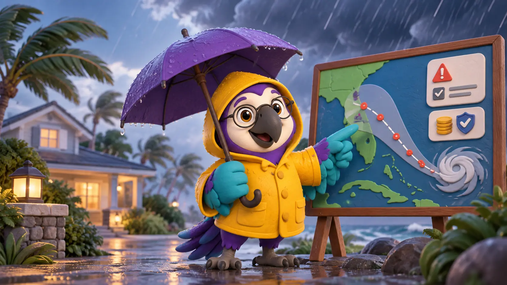 Poli the clay macaw in a raincoat with an umbrella pointing at a clay storm-track map