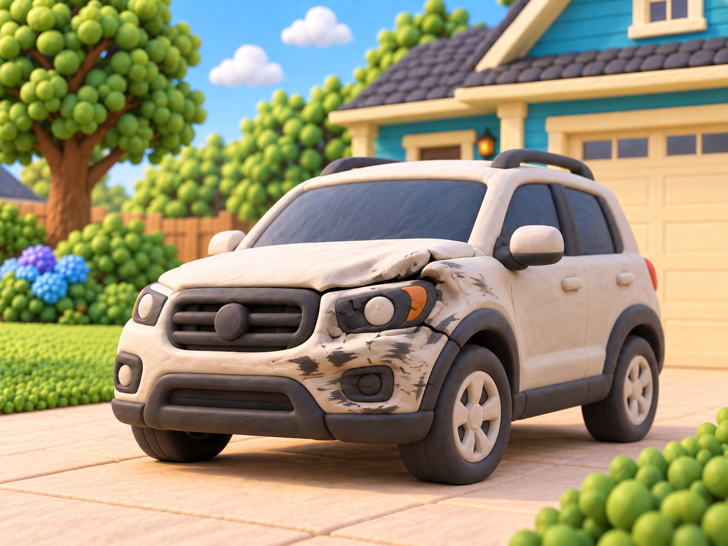 Clay SUV with a crumpled front corner on a driveway