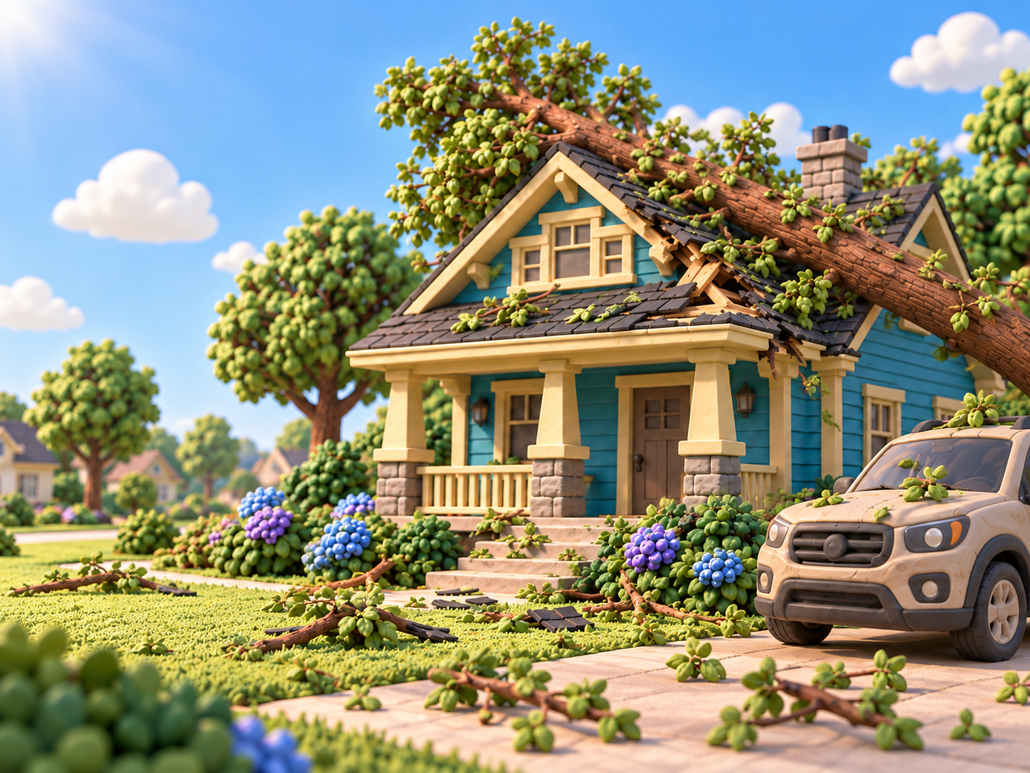 A fallen clay tree resting against a blue clay house