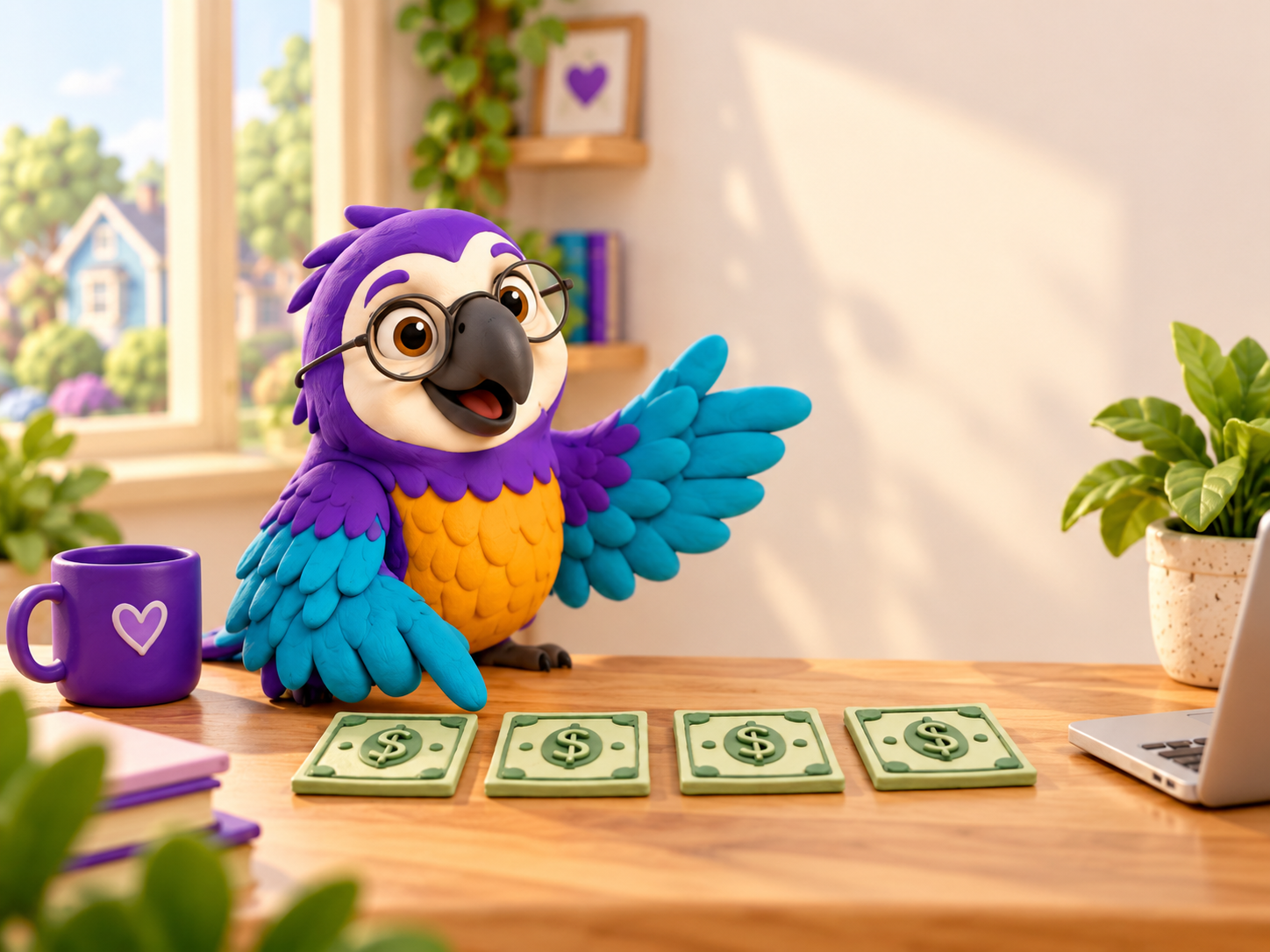 Poli the clay macaw at a desk beside four clay dollar bills