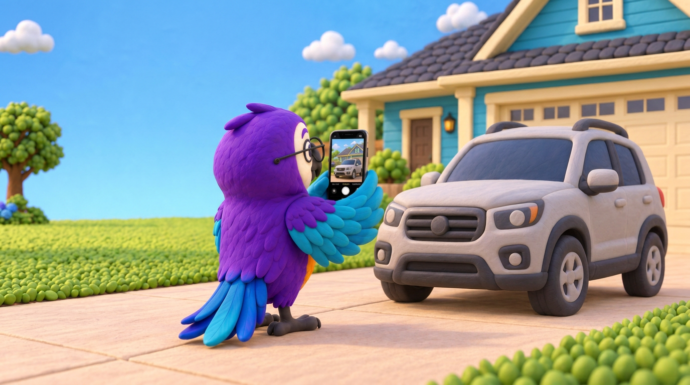 Poli the clay macaw photographing a white clay SUV in a driveway