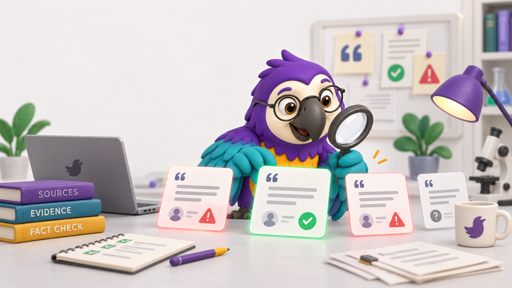 Poli the clay macaw holding a magnifier over policy cards marked with checks and warnings