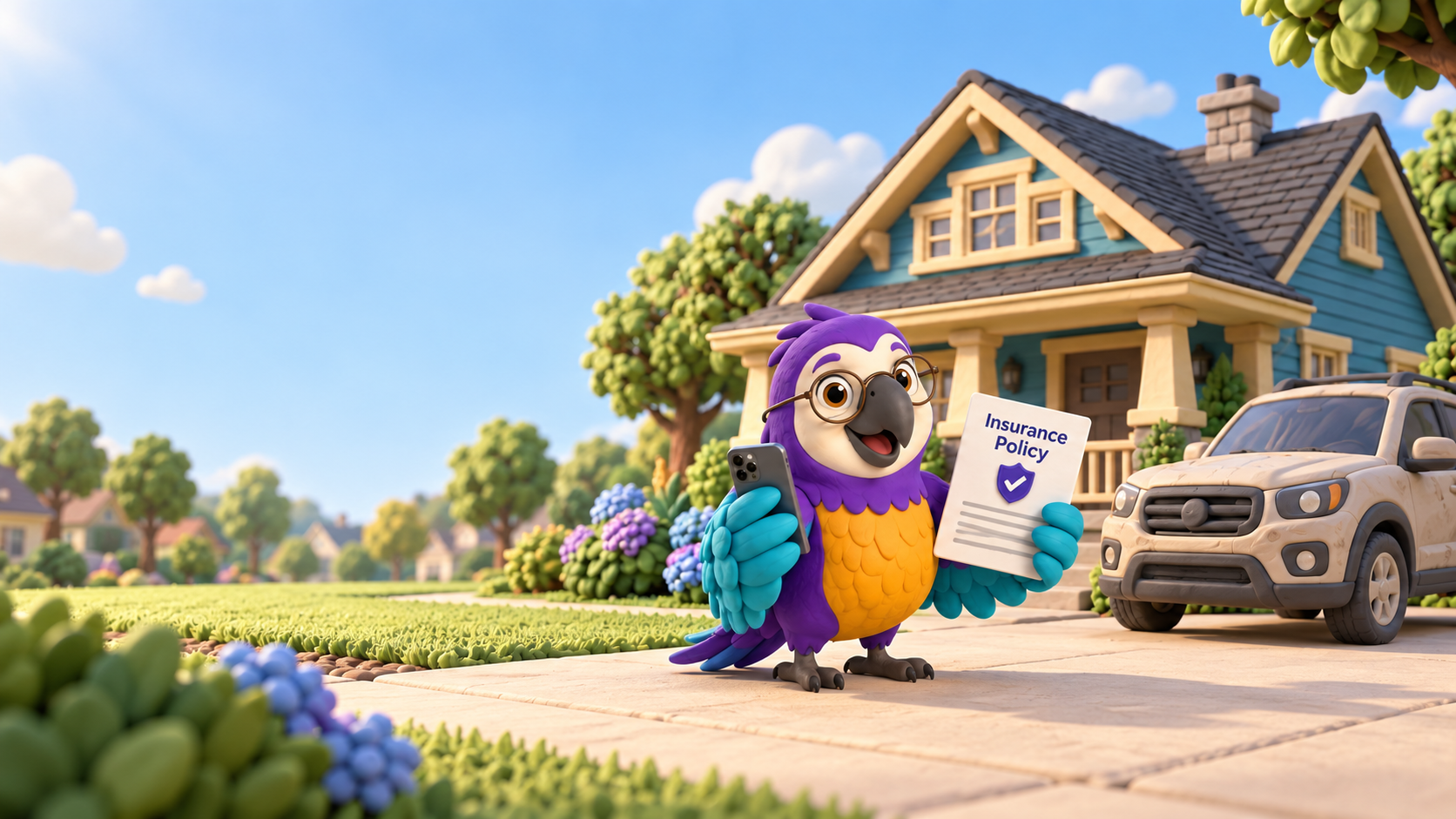 Poli the clay macaw holding a phone and an insurance policy on a driveway, in front of a blue clay house and a white clay SUV