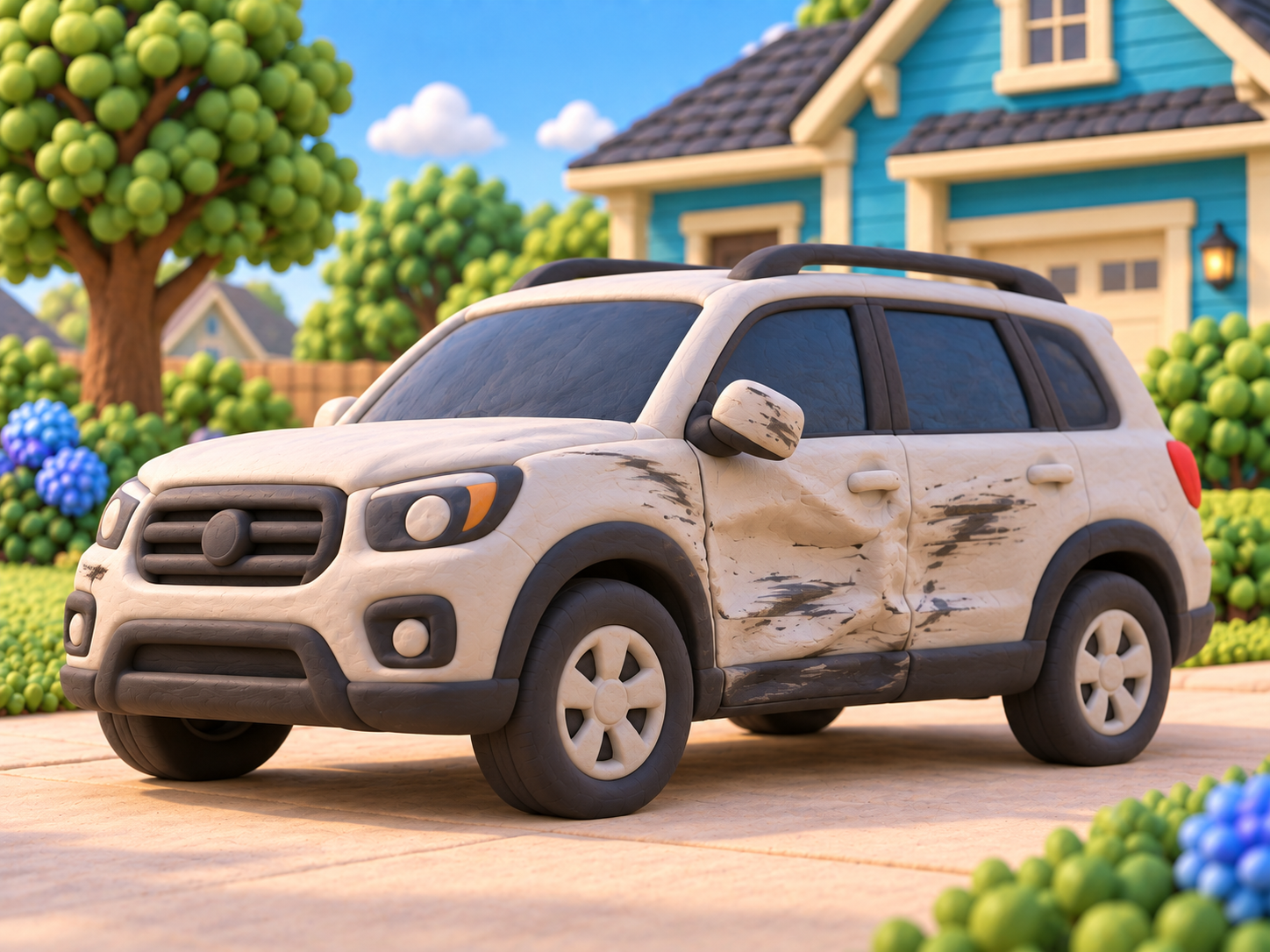 Clay SUV with scraped doors along one side