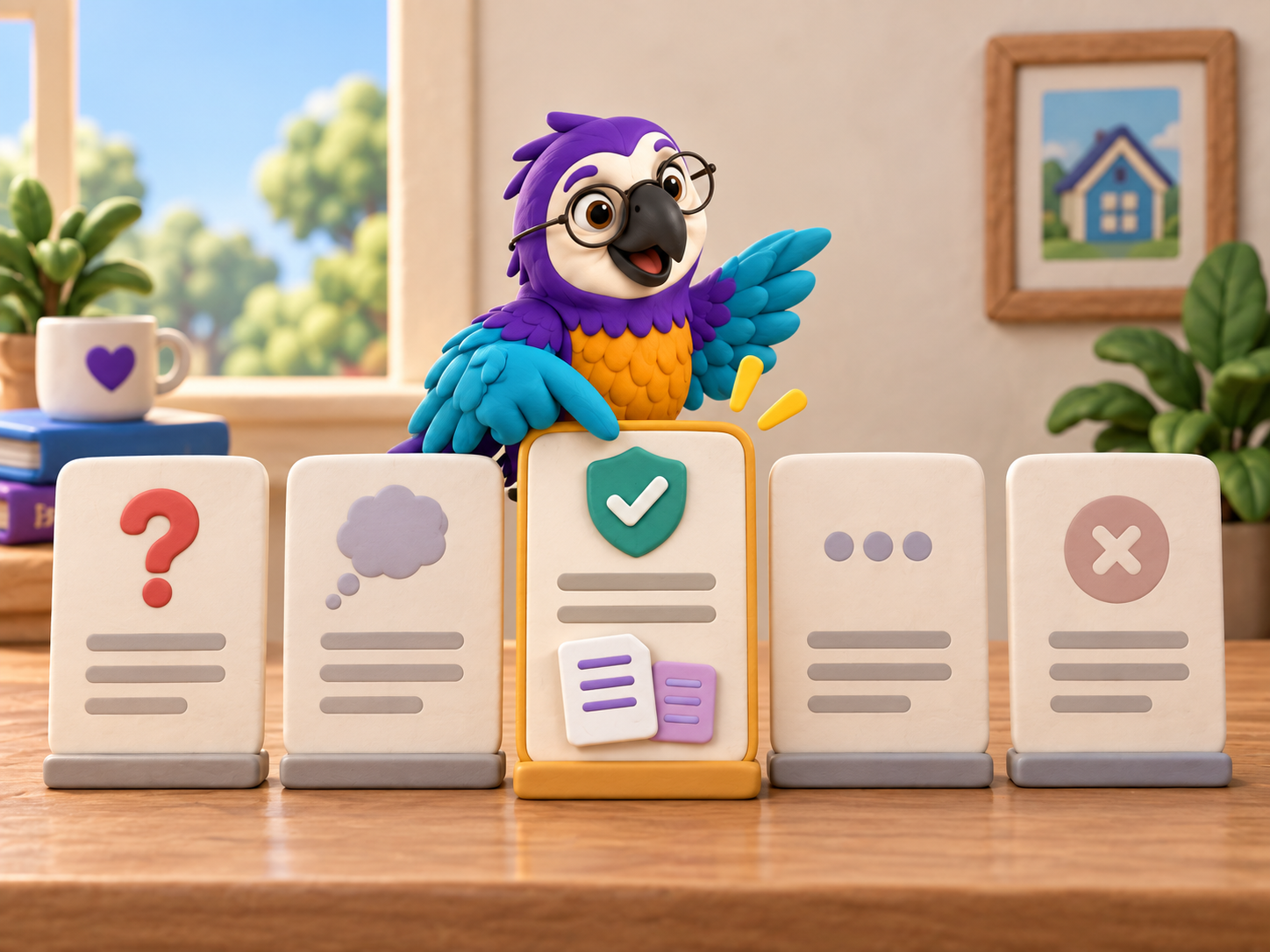 Five clay answer cards on a desk — a question mark, a guess, one cited answer, an incomplete answer and a wrong answer