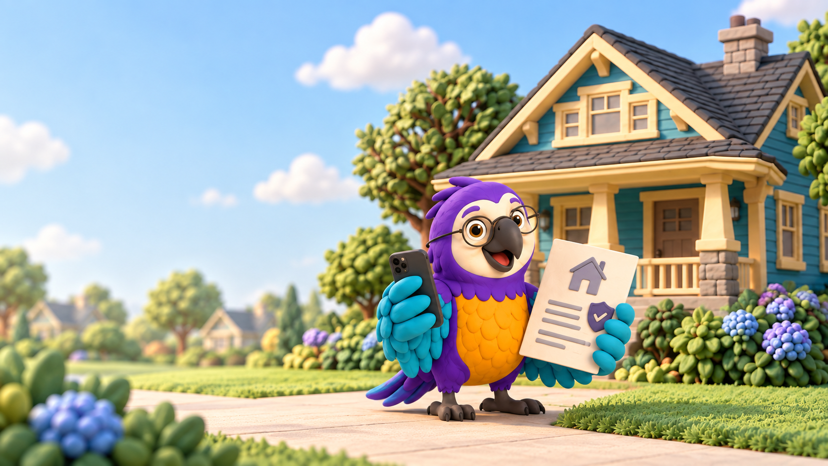 Poli the clay macaw in front of a clay house with a flower garden