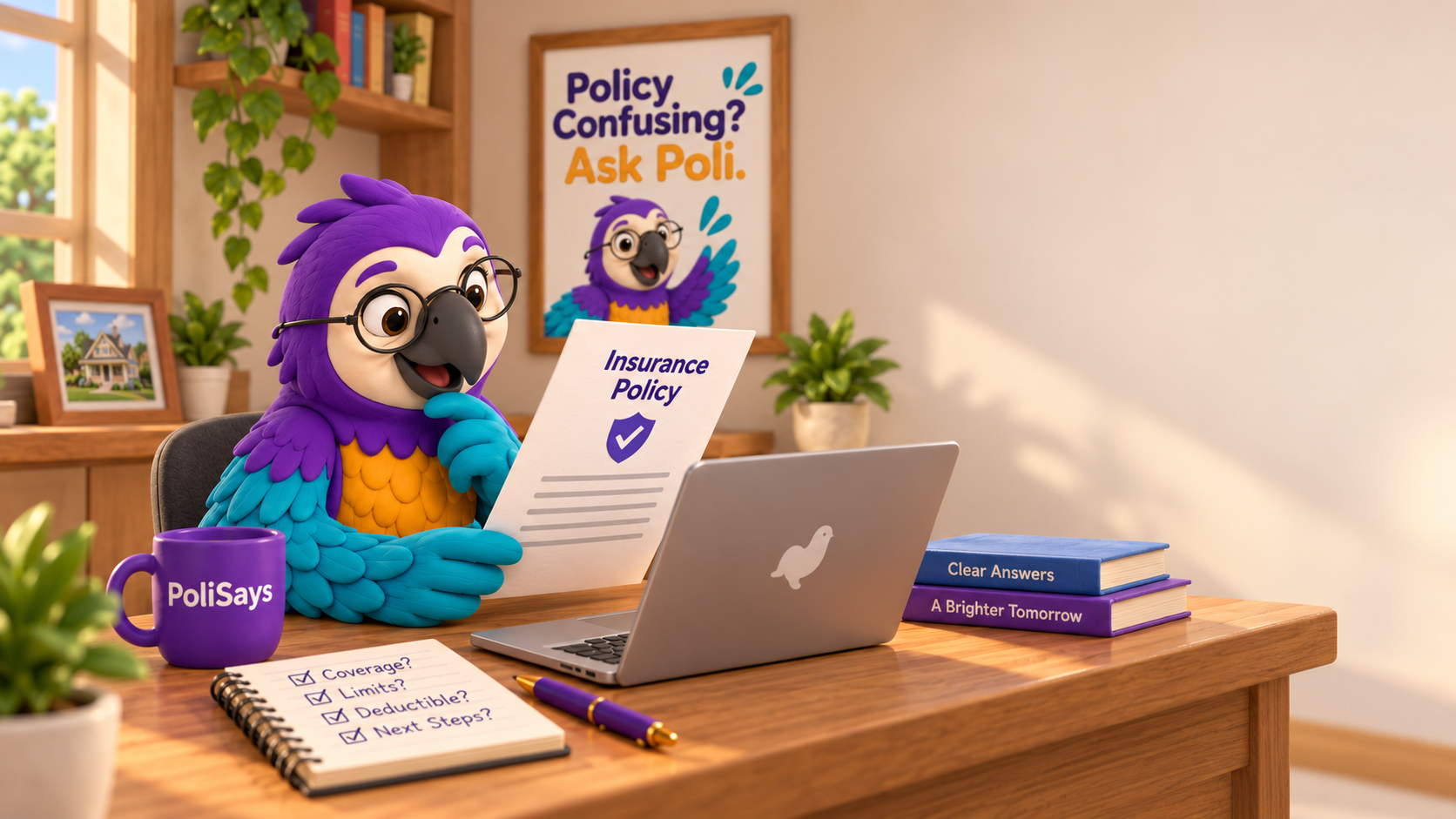 Poli the clay macaw at a wooden desk with a laptop, a policy document and a PoliSays mug