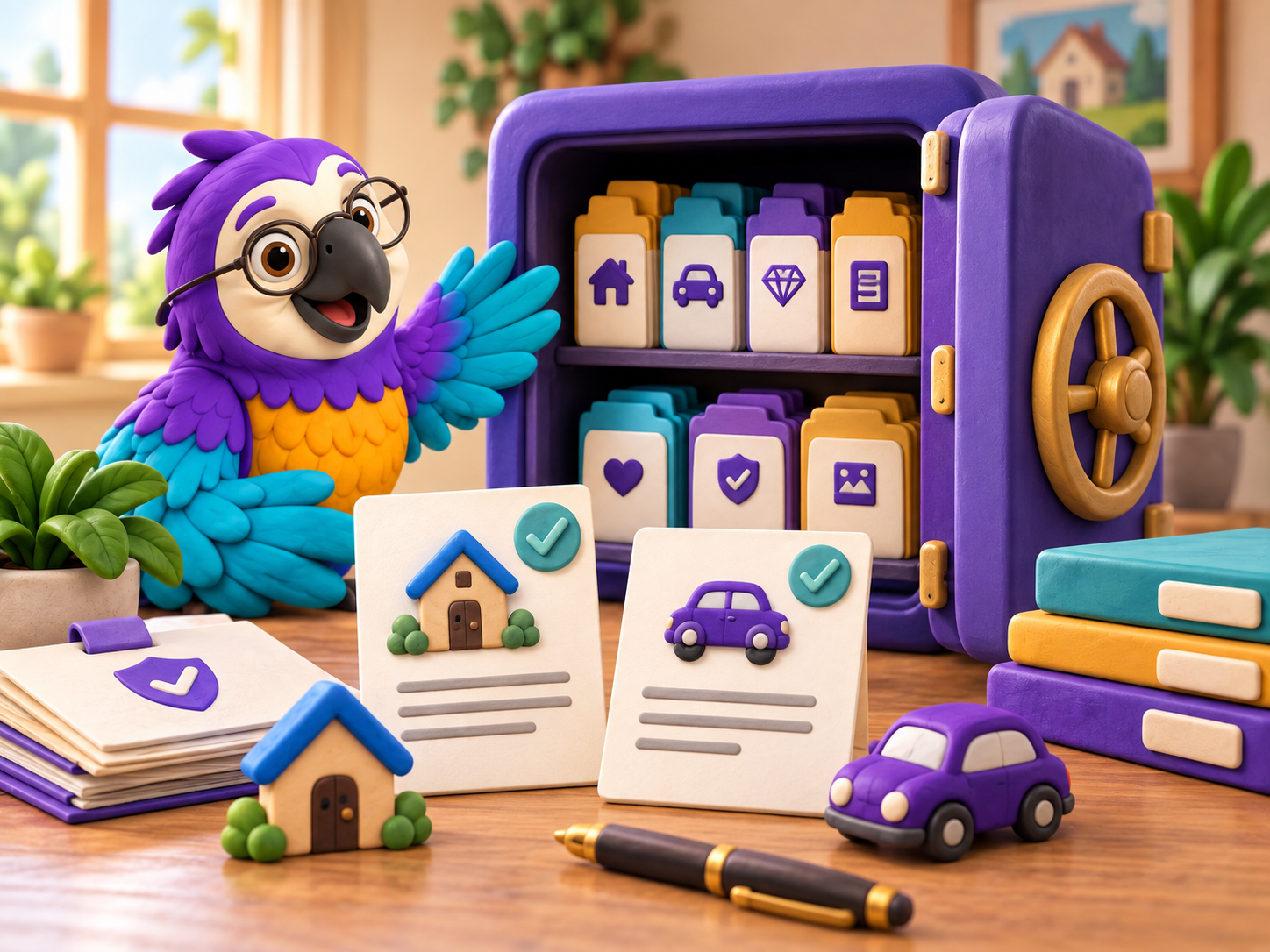 Poli the clay macaw beside an open clay vault, showing checked home and auto record cards