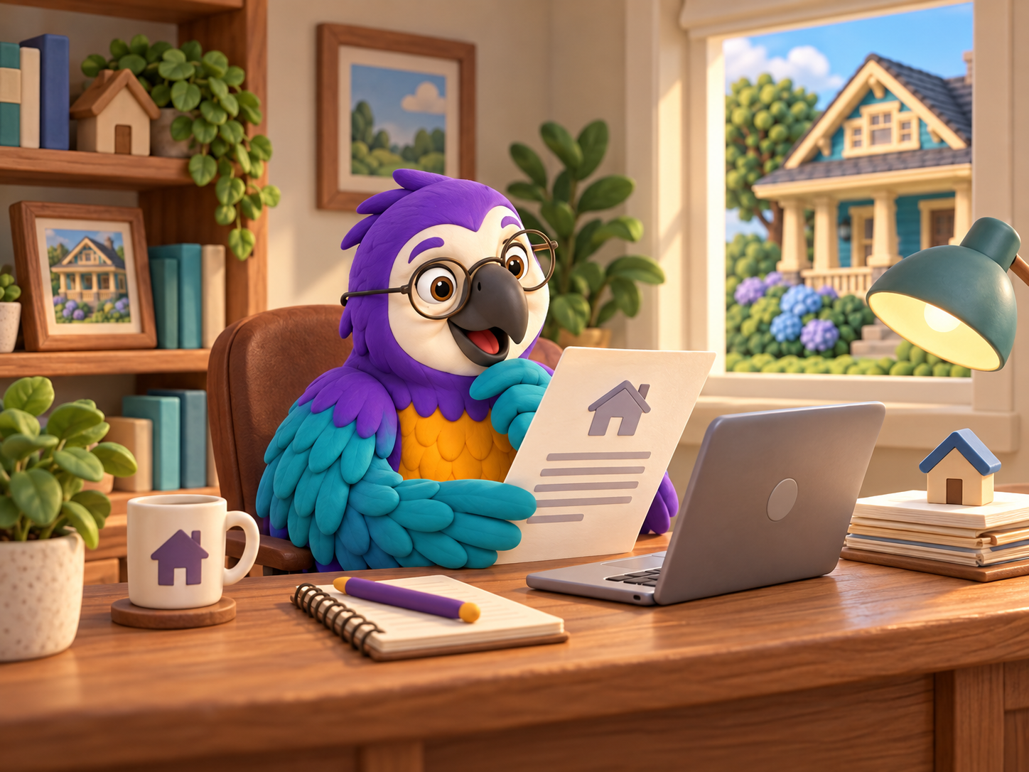 Poli the clay macaw at a wooden desk reading a homeowners policy beside a laptop, with a clay house through the window
