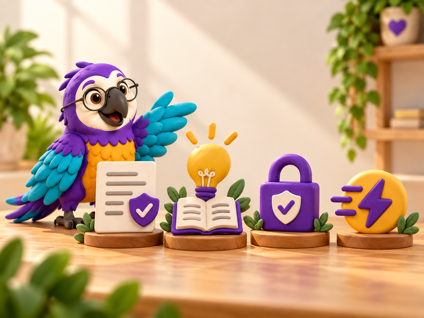 Poli the clay macaw beside four clay icons: a quoted document, an open book, a padlock and a lightning bolt
