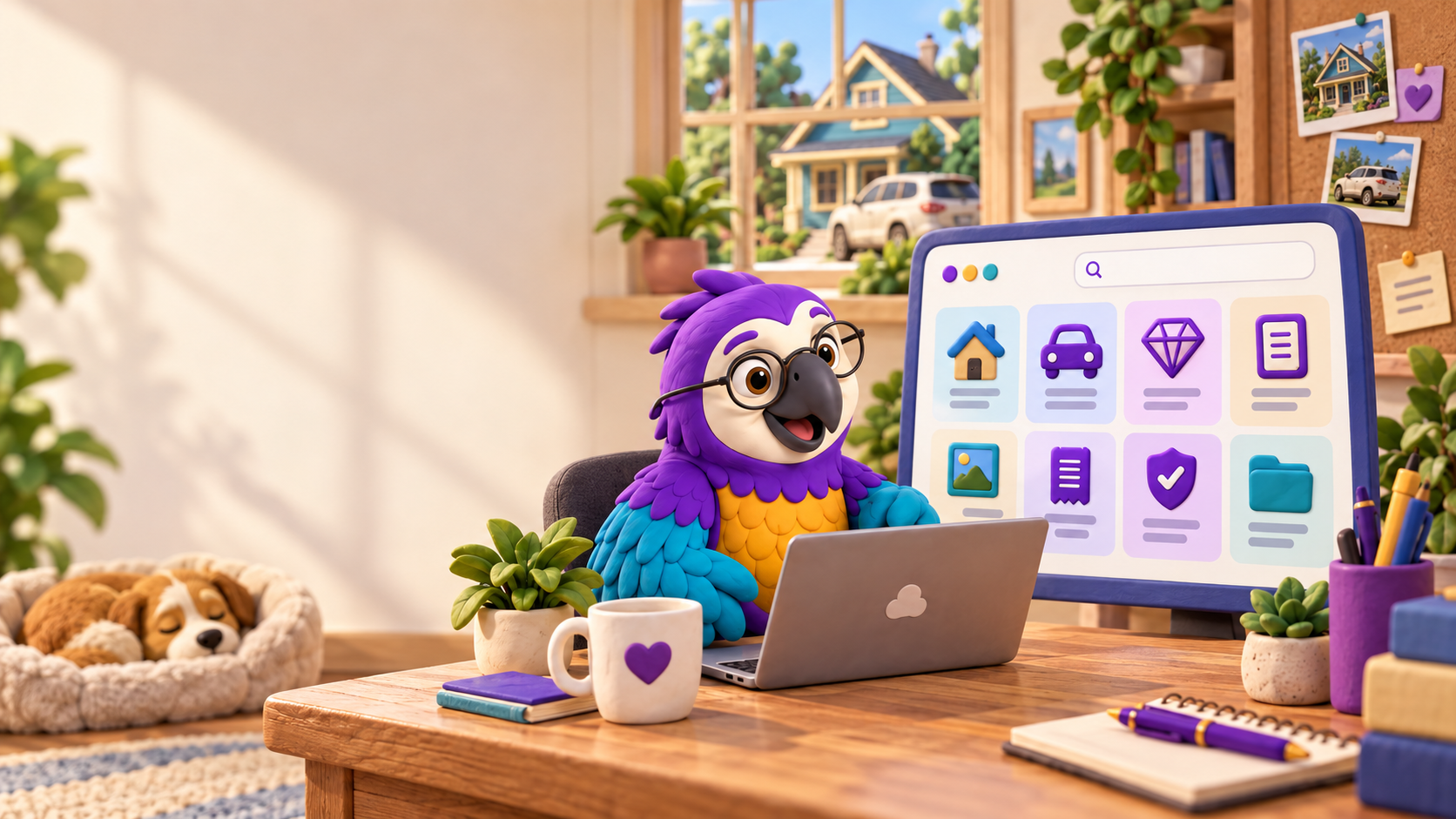 Poli the clay macaw at a wooden desk with a laptop and a screen showing the PoliVault categories